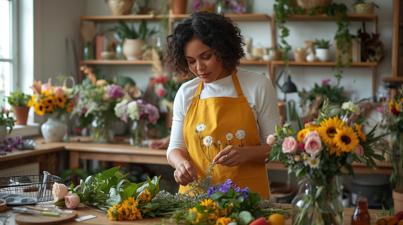 Floristi työskentelemässä kukka-asetelman parissa